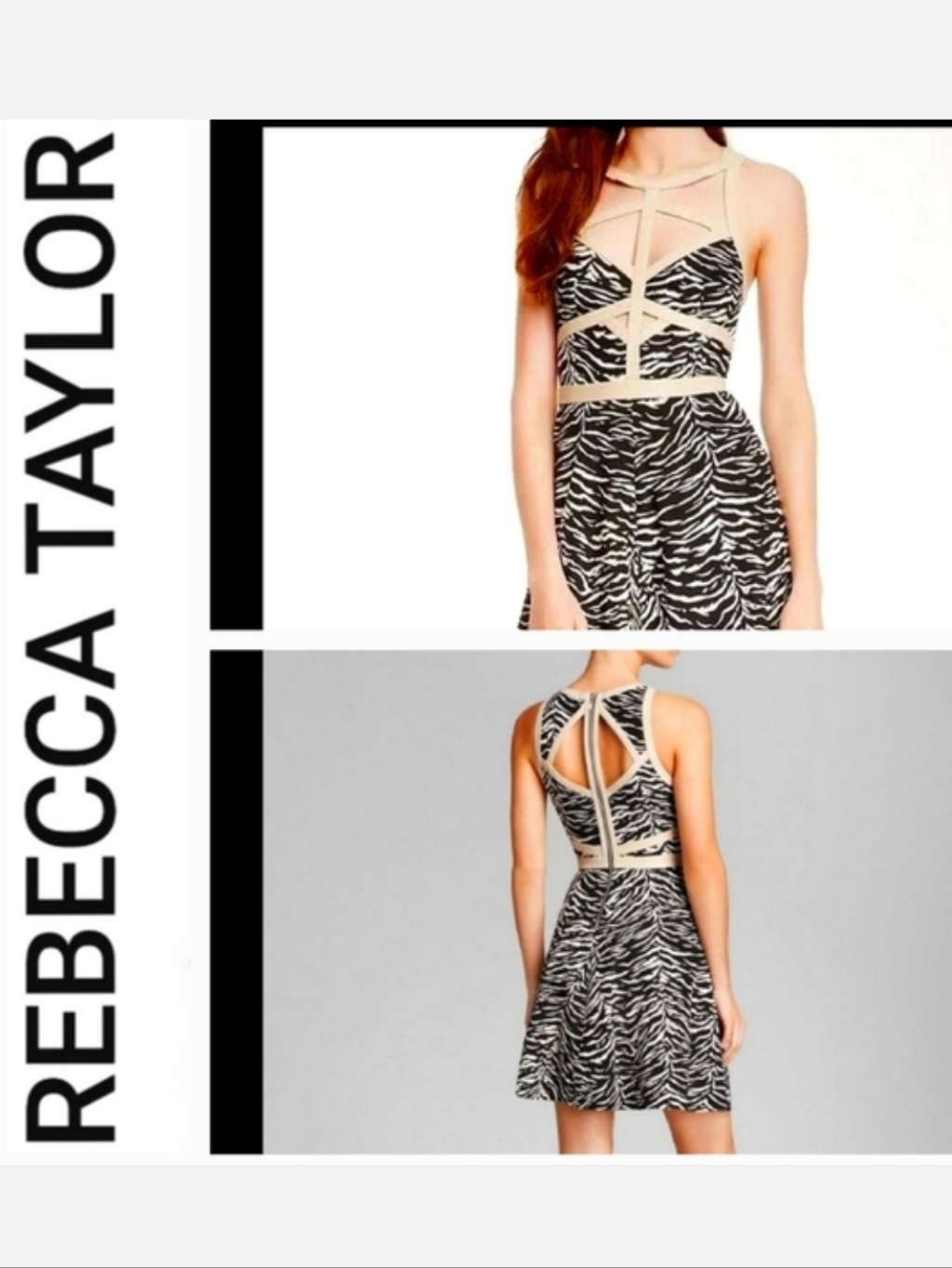 Rebecca Taylor Black & Cream Silk Tiger Print Lamb Leather Trim Cage Dress Sz 8